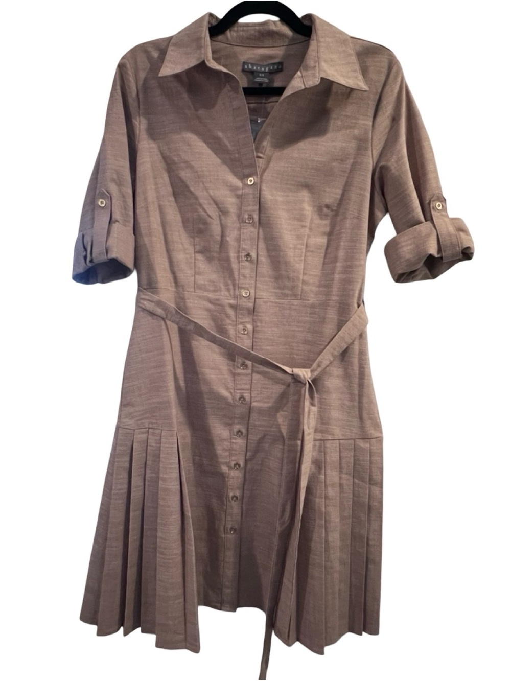NWT Sharagano Tan Pleated Shirt Dress Size 8 Belted Roll Tab Sleeve